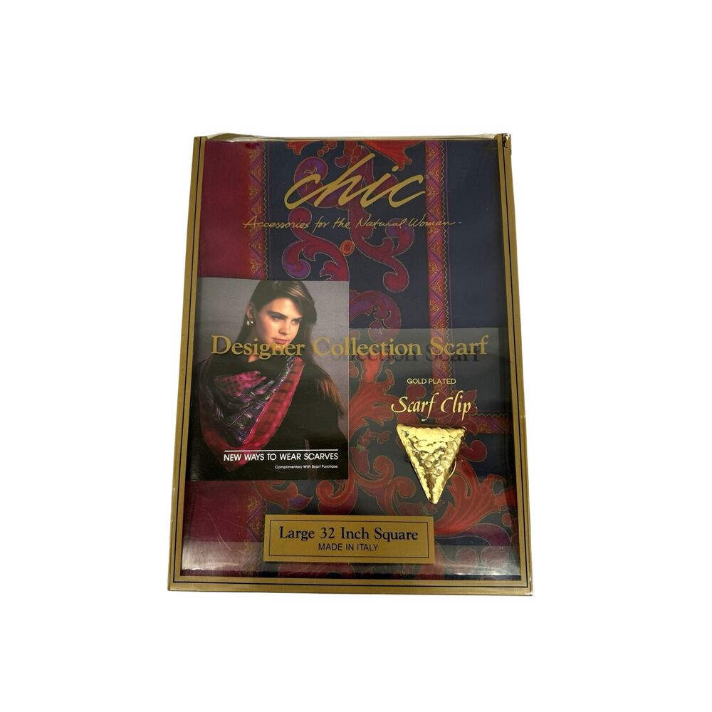 Vintage Designer Scarf With Gold-plated Scarf Clip Large 32in Square Italy